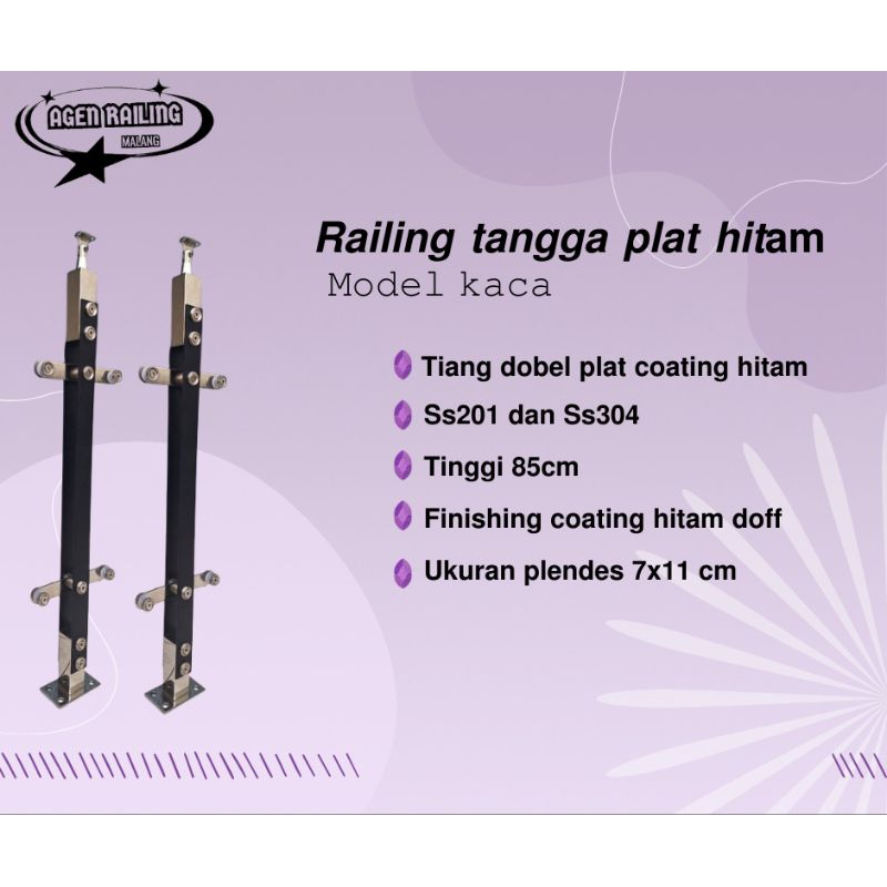 Railing tangga dobel plat coating hitam / balkon kaca stainless / pagar kaca murah