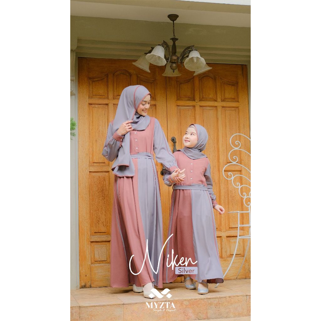 SET GAMIS COUPLE IBU ANAK NIKEN SYARI ORIGINAL BY MYZTA INAYA EXCLUSIVE SETELAN KHIMAR PASHMINA BUSA