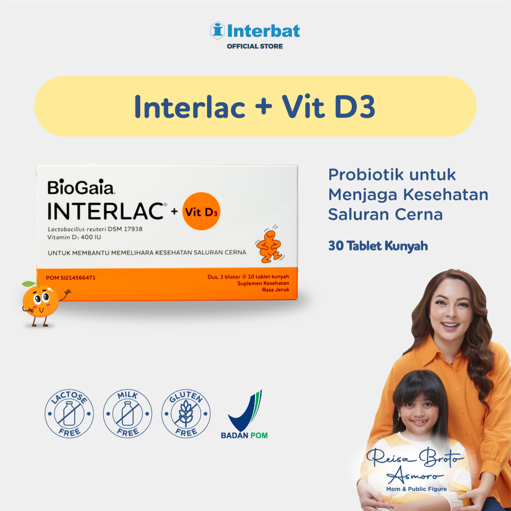 Interlac Probiotik + Vit D3 400 IU 3 Strip @10 Tablet - Menjaga Kesehatan Saluran Cerna dan Daya Tah