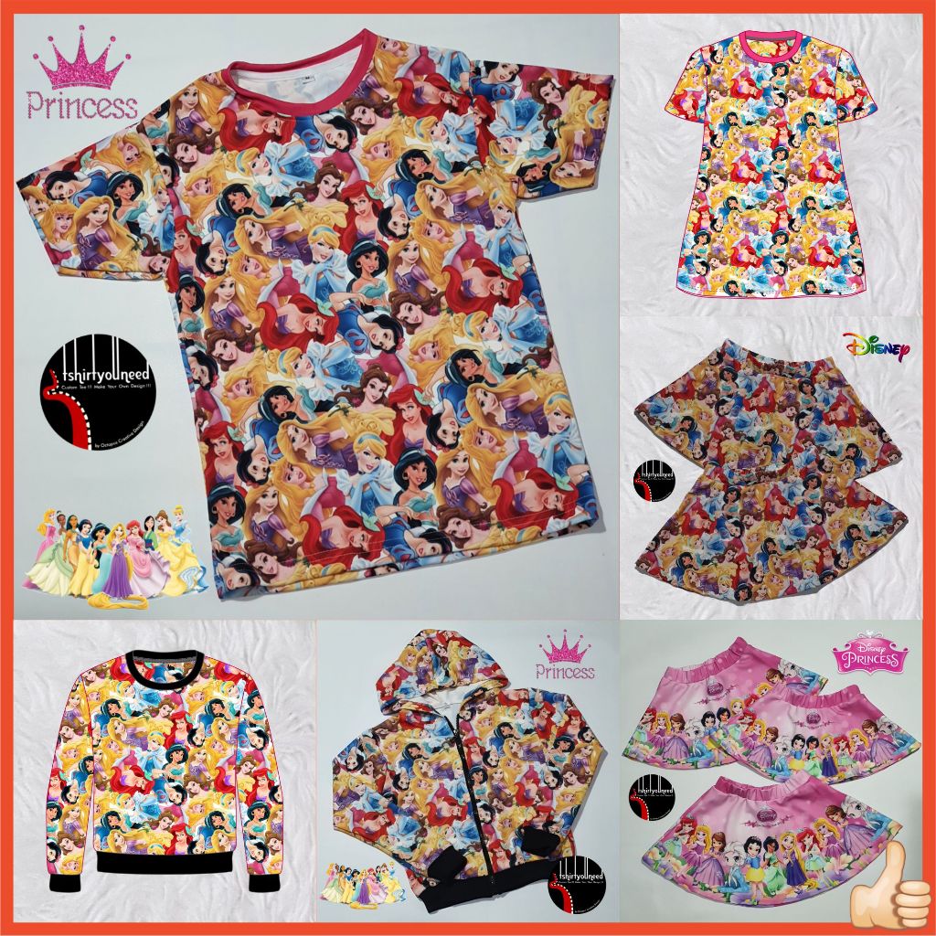 Baju FULLPRINT Kaos Dress Anak Dewasa Princess Snow White Rapunzel Tagled Aurora Ariel Mermaid Cinde