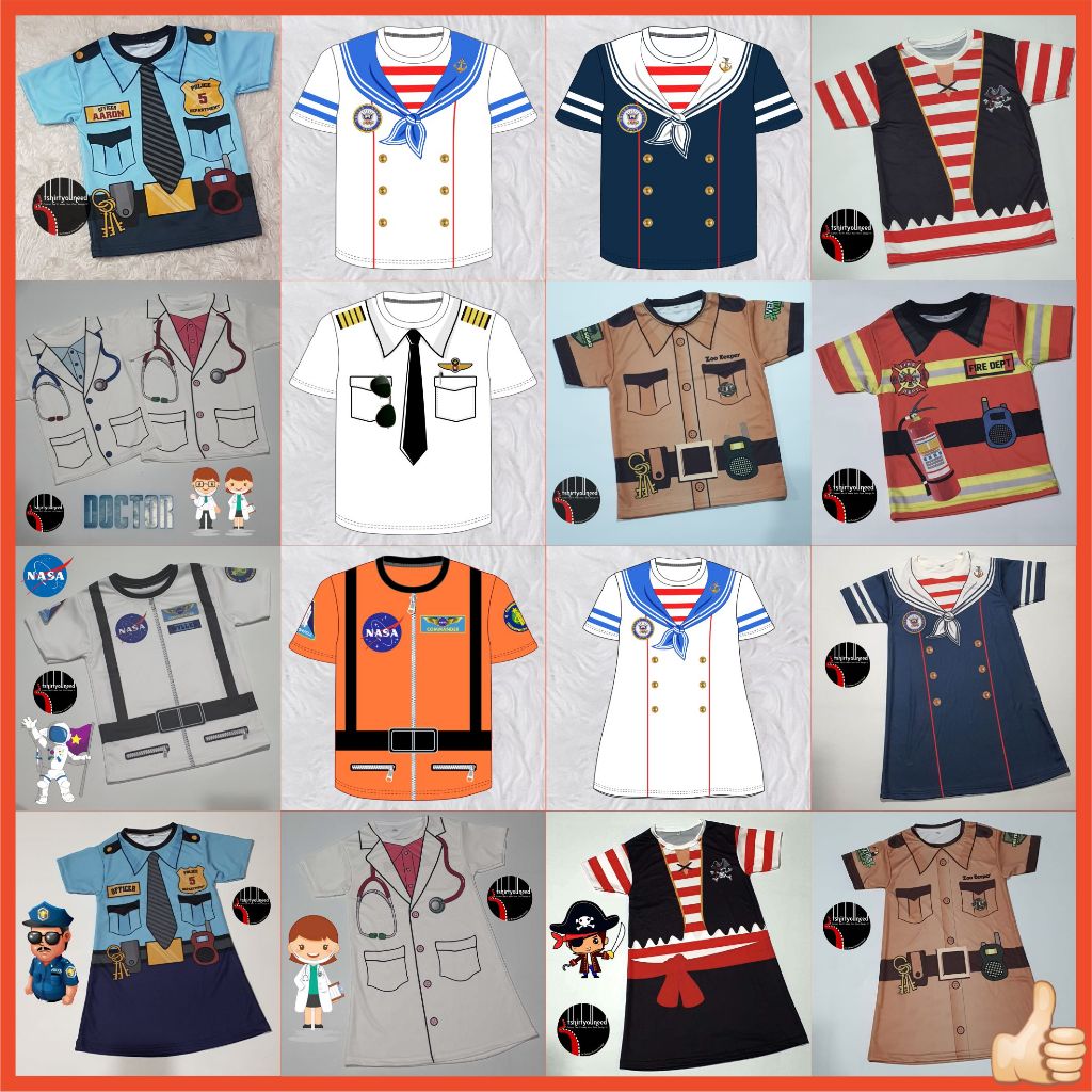 Baju FULLPRINT Kaos Anak Dewasa Kostum Profesi Zoo Keeper Pilot Polisi Police Dokter Sailor Nasa Fir
