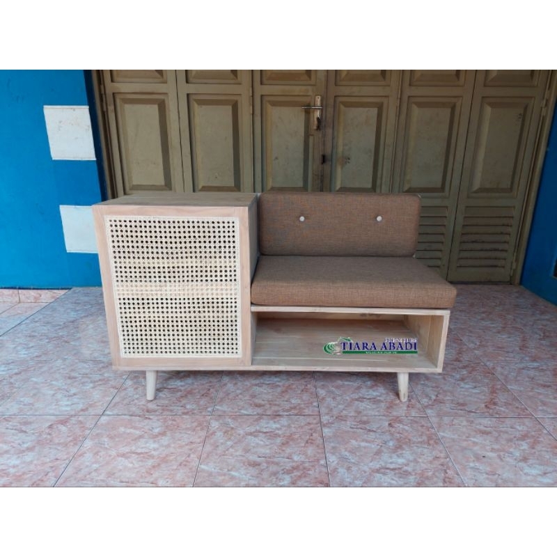 Sofa bench storage rak sepatu kayu jati kombinasi rotan / rak sepatu multifungsi