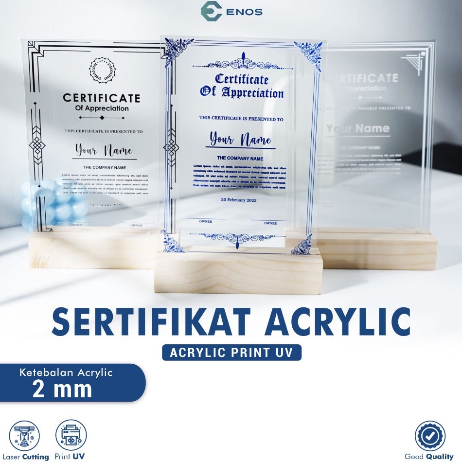 

KODE I68O SERTIFIKAT CUSTOM NAMA DESAIN GAMBAR BAHAN AKRILIK ACRYLIC BENING 2MM PRINT UV ANTI AIR FREE TATAKAN KAYU