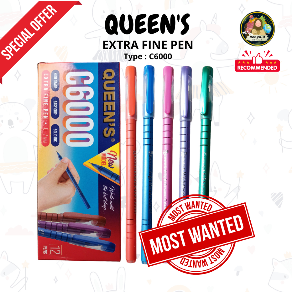 

QUEEN'S C-6000 Pulpen Fine Tinta Hitam [ 1 Pack isi 12 ] [ 1 Pack isi 6 ]