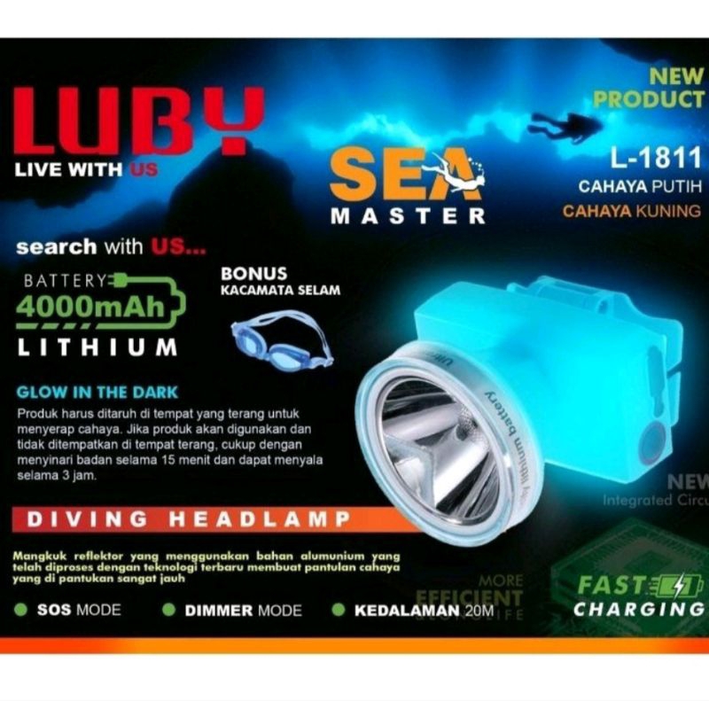 Senter Kepala Selam Luby L_1811/ Senter Kepala Super Terang cahaya kuning/putih