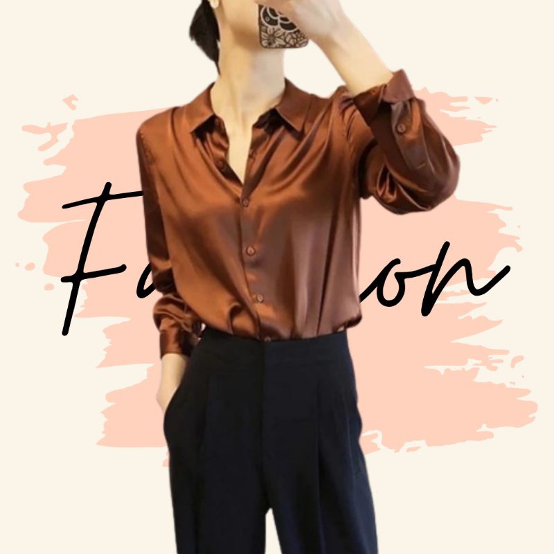 KENSHOP - Adelia Blouse Kemeja Atasan Wanita Silk Satin Import Longsleeve