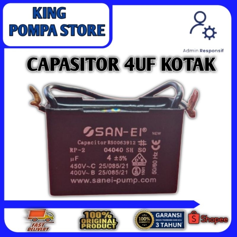 CAPASITOR KOTAK 4UF KHUSUS POMPA PANASONIC POMPA AIR SUMUR DANGKAL CAPASITOR TERBUAT DARI BAHAN TERB
