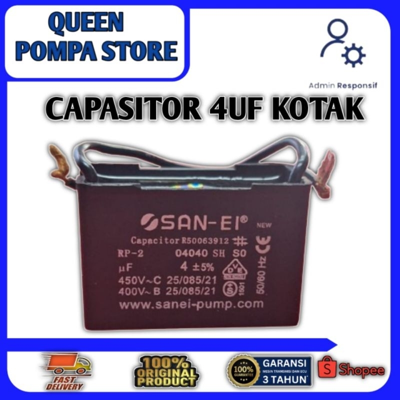 CAPASITOR KOTAK 4UF KHUSUS POMPA PANASONIC POMPA AIR SUMUR DANGKAL CAPASITOR TERBUAT DARI BAHAN TERB