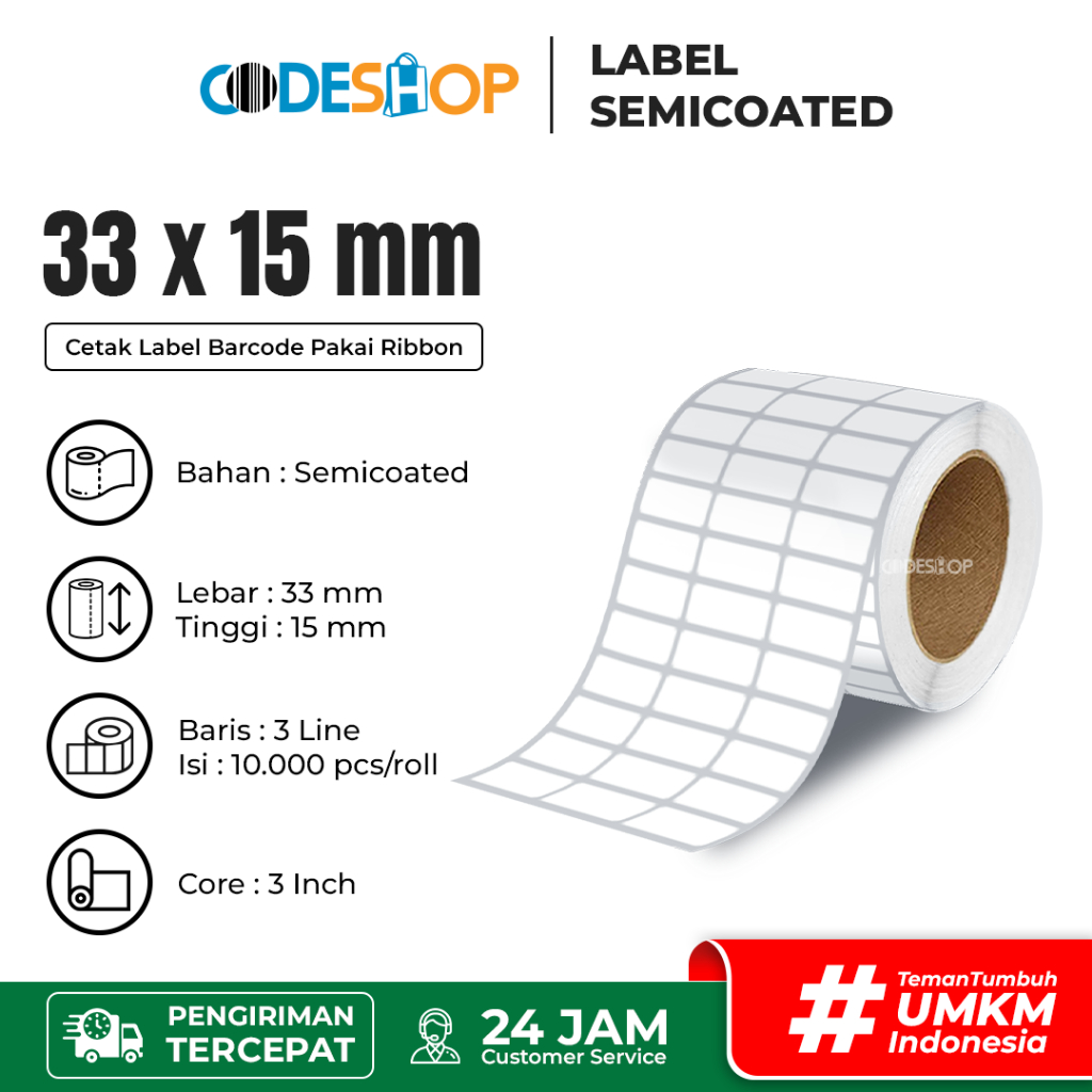 

Label Semicoated 33x15 mm Core Besar Stiker Printer Barcode Citizen Honeywell