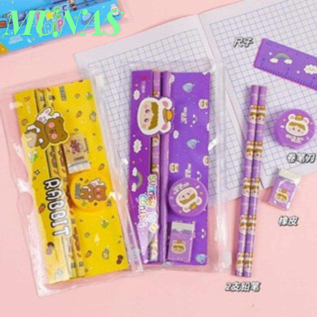 

MUNAS Alat Tulis Set Mini Anak Sekolah Penghapus Penggaris Pensil Serutan Stationary Set Alat Tulis 5 In 1 Karakter Lucu Warna-Warni Astronot Stationary