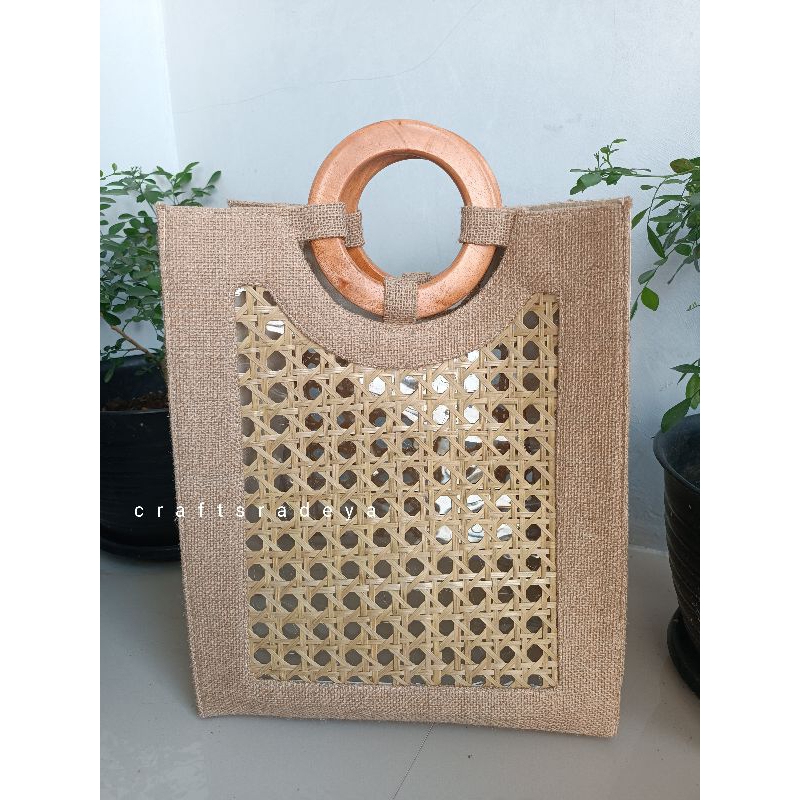 TAS JUMBO GONI KOMBINASI ANYAMAN BAMBU MIKA / Tas Map / Tas Tote / Tas Kain goni Terlaris