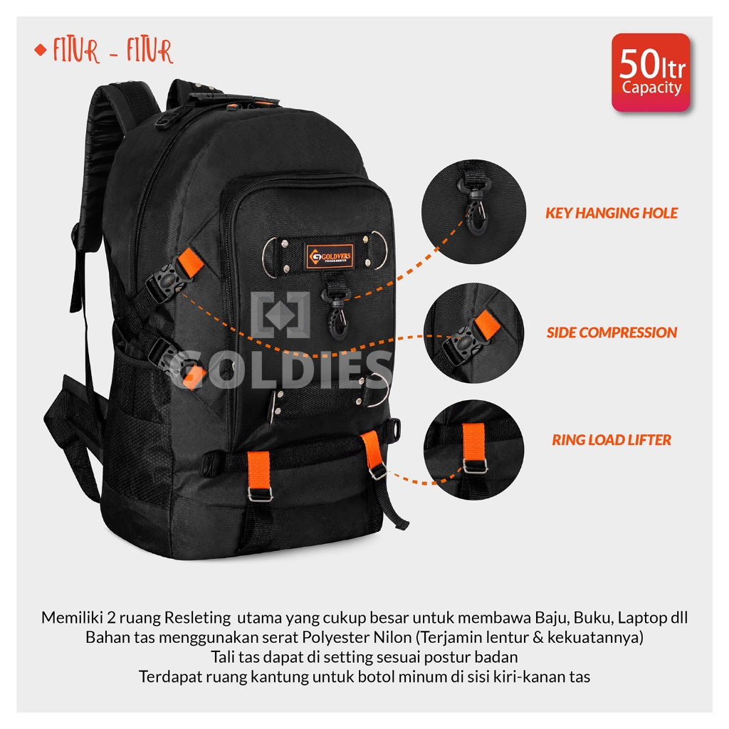 DISKON GOLDVERS TAS RANSEL PRIA JUMBO BACKPACK PAKAIAN TRAVELING TAS MUDIK 50LITTER ORIGINAL IMPORT