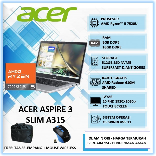 LAPTOP ACER ASPIRE 3 A314 Slim Ryzen 5 seri 7000 8GB 512GB SSD 14" Win11