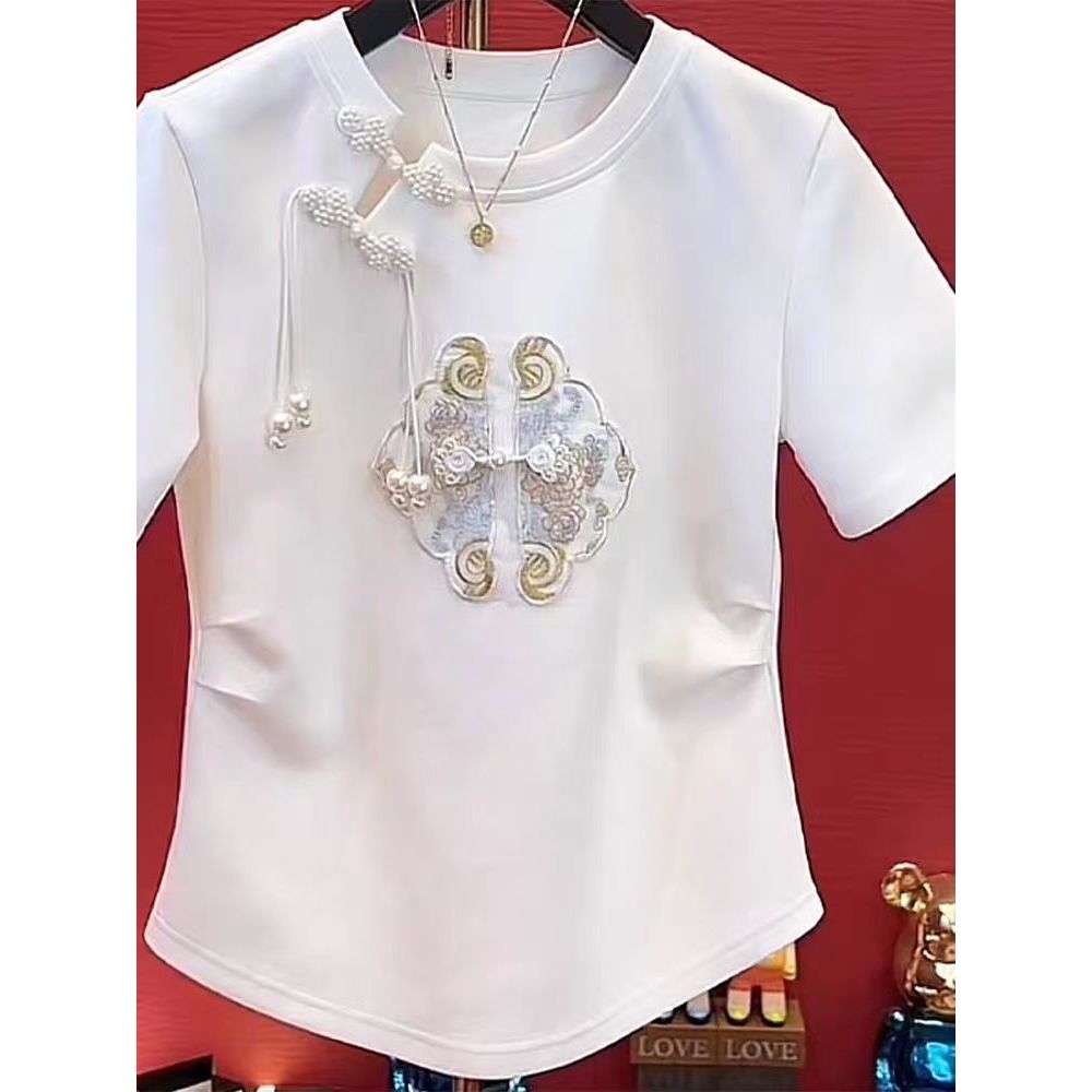 Model busana cina baru kancing baju katun pendek baju wanita.