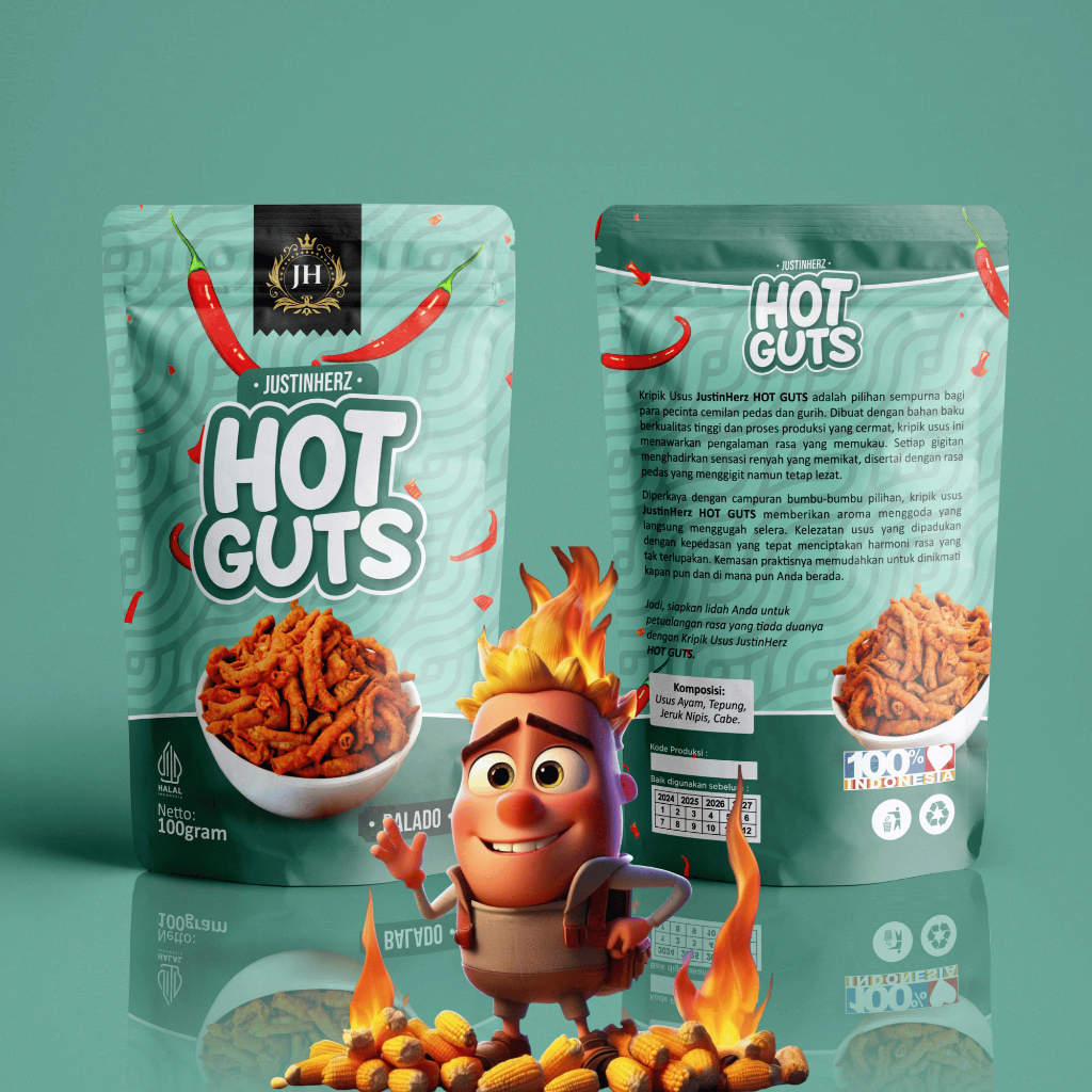 

..:: PROMO LAUNCH ::.. JustinHerz HOT GUTS - Keripik Usus Pedas Rasa ROASTED CORN - Kripik Usus Krispi Pedas Daun Jeruk