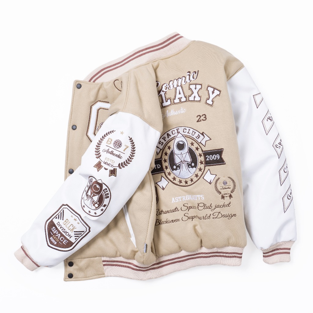 VARSITY JACKET COSMIC GALAXY COMBINASI 3 WARNA - (CREAM-WHITE-BLACK) - FULL BORDIR ORIGINAL