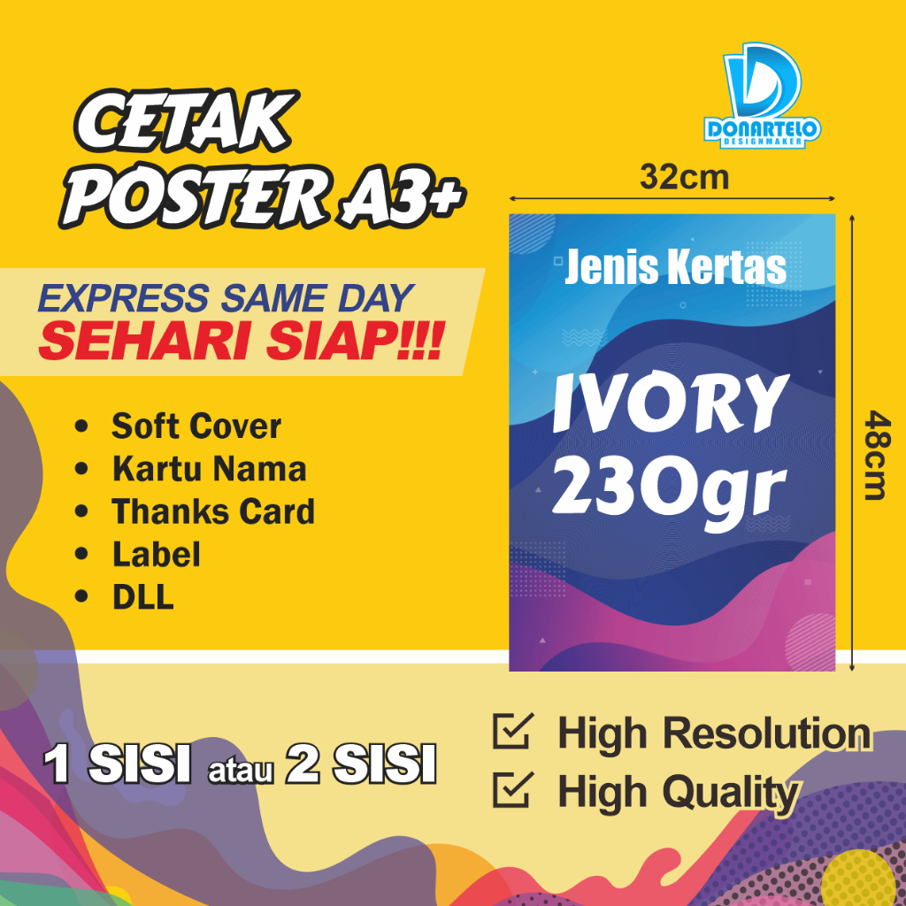 

CETAK KERTAS IVORY 230gr UKURAN A3+ HIGH RESOLUTION, KARTU NAMA, KARTU UCAPAN, SOFT COVER, LABEL, DLL
