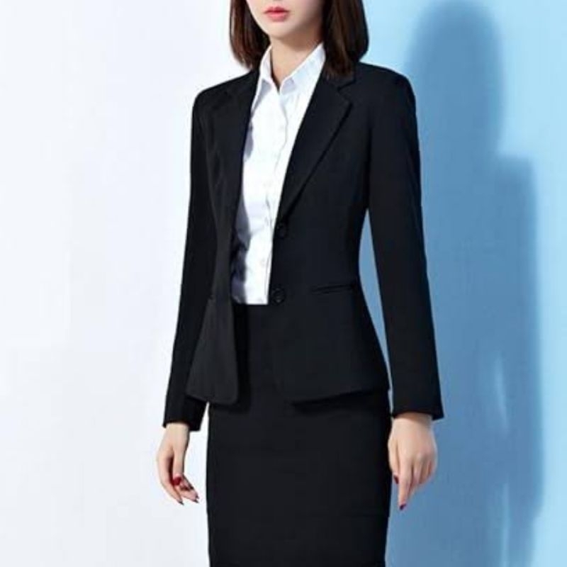 NET collection set blazer jas hitam rok Hem kemeja putih Lengan panjang wanita Recruit Suit Women So