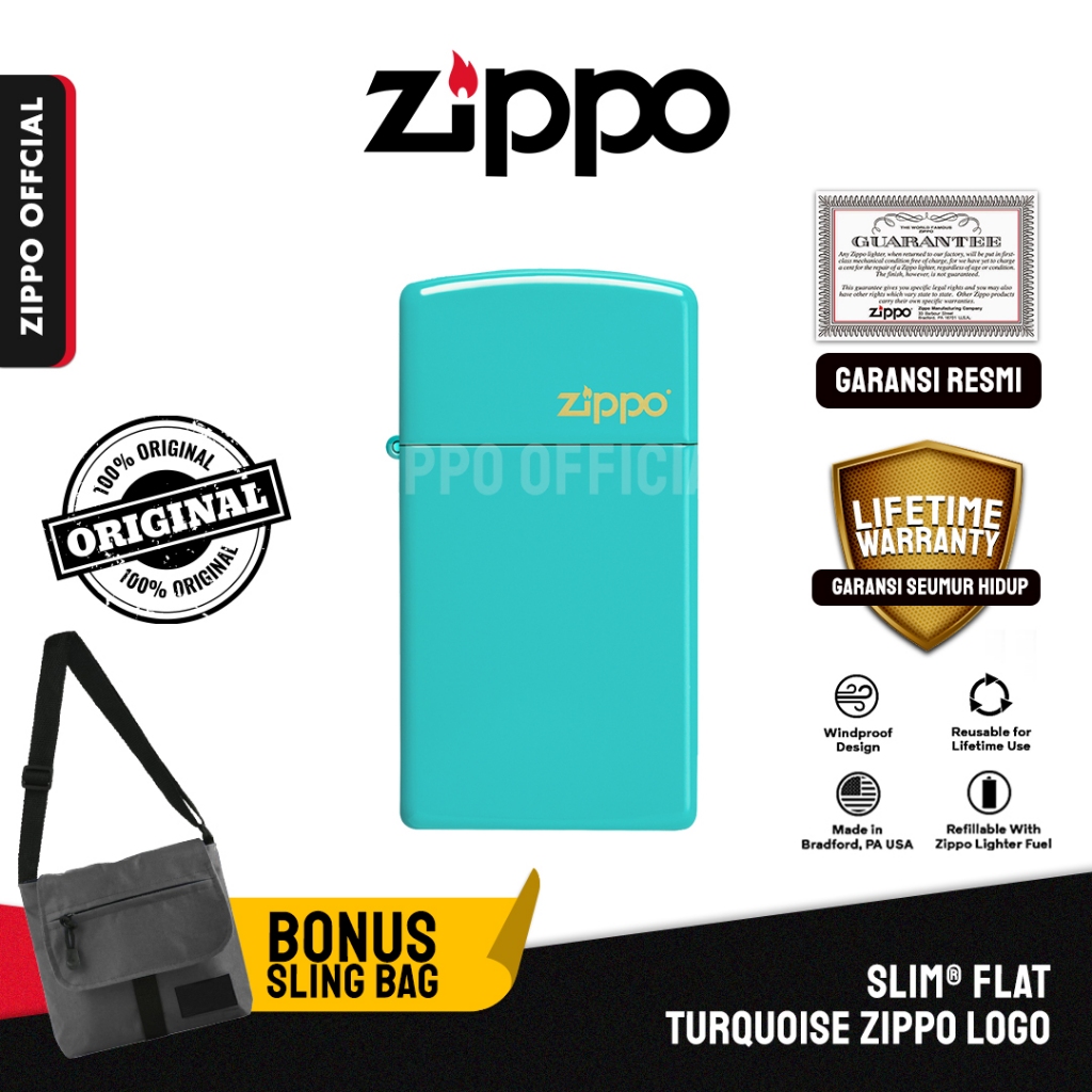 Zippo Original Slim® Flat Turquoise Zippo Logo 49529ZL | Garansi Lifetime | Original USA