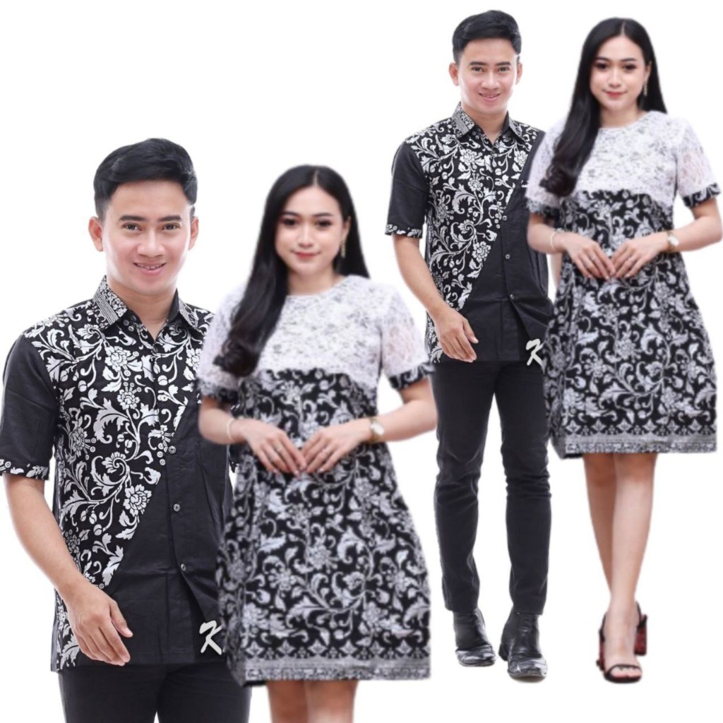Fairyrozi Batik Couple Cassandra Putih Dress Modern Wanita & Kemeja Pria Lengan Pendek Bahan Premium