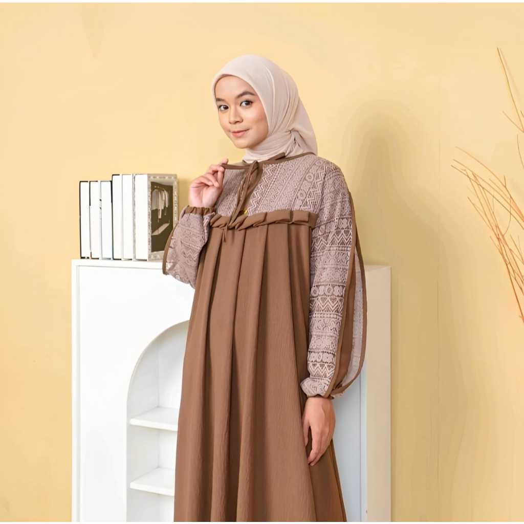 davira maxy dress gamis kekinian terbaru bahan crinckle airflow mix brukat malika premium
