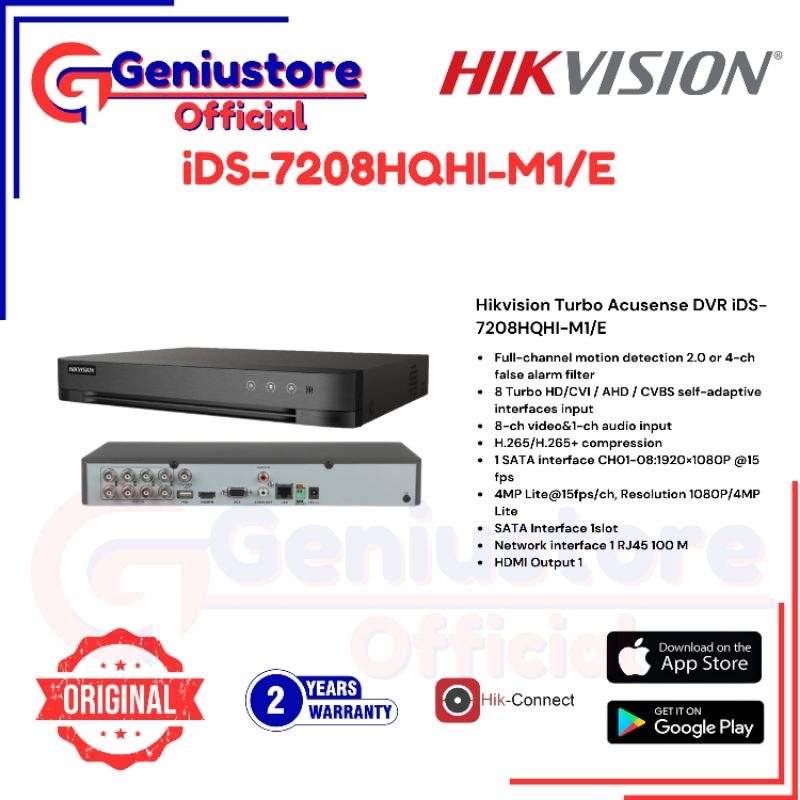 HIKVISION IDS-7208HQHI-M1/E ACUSENSE DVR CCTV 8 Channel Support Audio