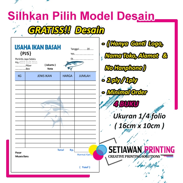 

cetak nota jual ikan ukuran 1/4 folio 2ply dan 1ply desain bebas gratis desain