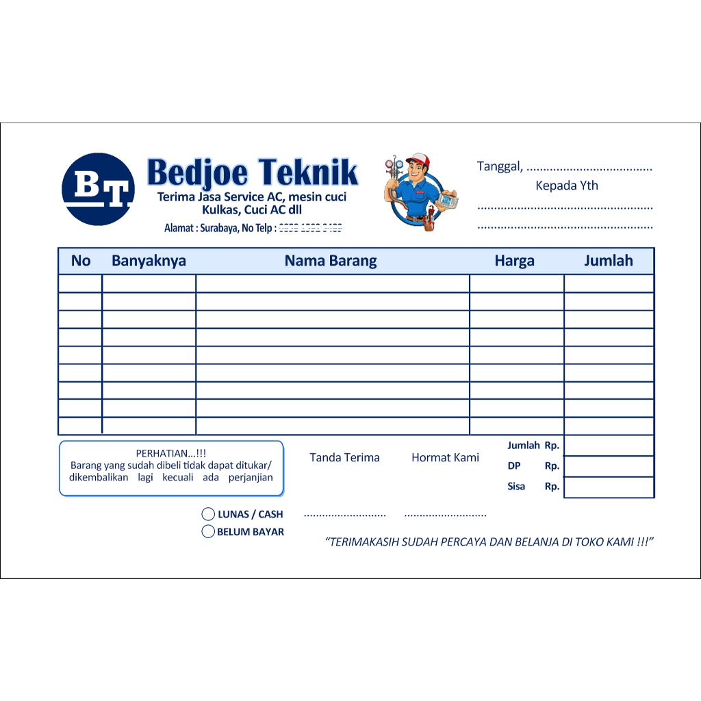 

cetak nota tehnik elektronik custom ukuran 1/4 free desain