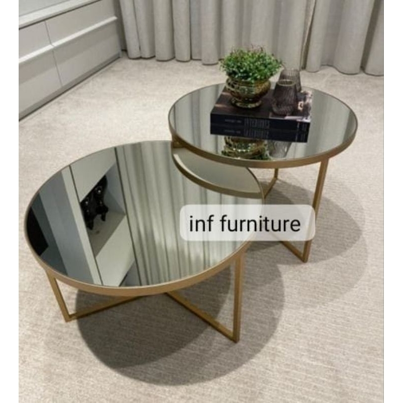 meja tamu tingkat top kaca cermin mewah