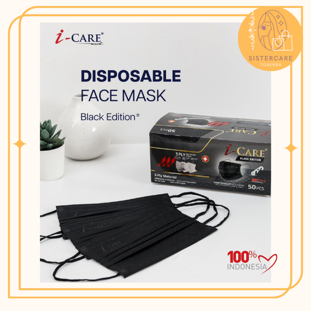 i-Care BLACK Edition Earloop 3ply ICARE Surgical Mask Disposable Face Mask Masker HITAM Bedah Masker
