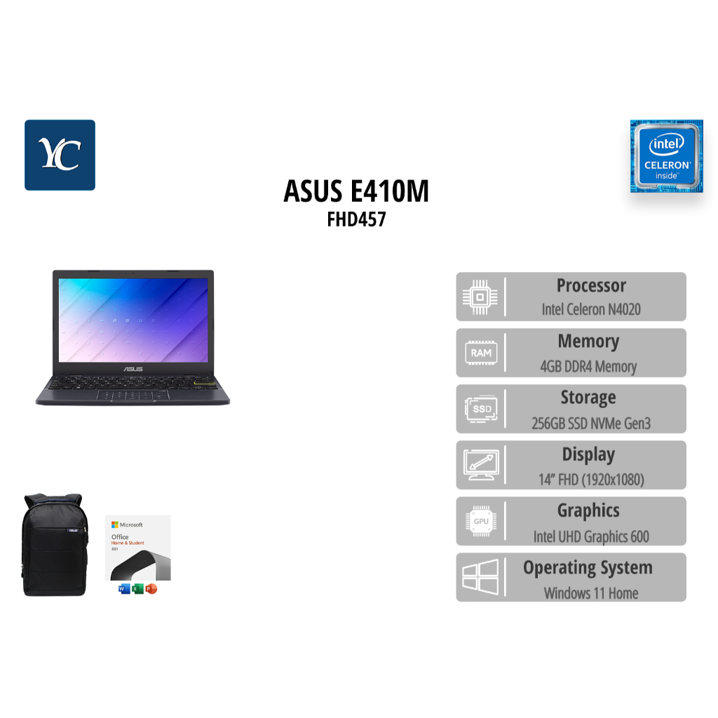 ASUS E410MAO FHD457 N4020 RAM4GB 256SSD W11+OHS 14.0FHD