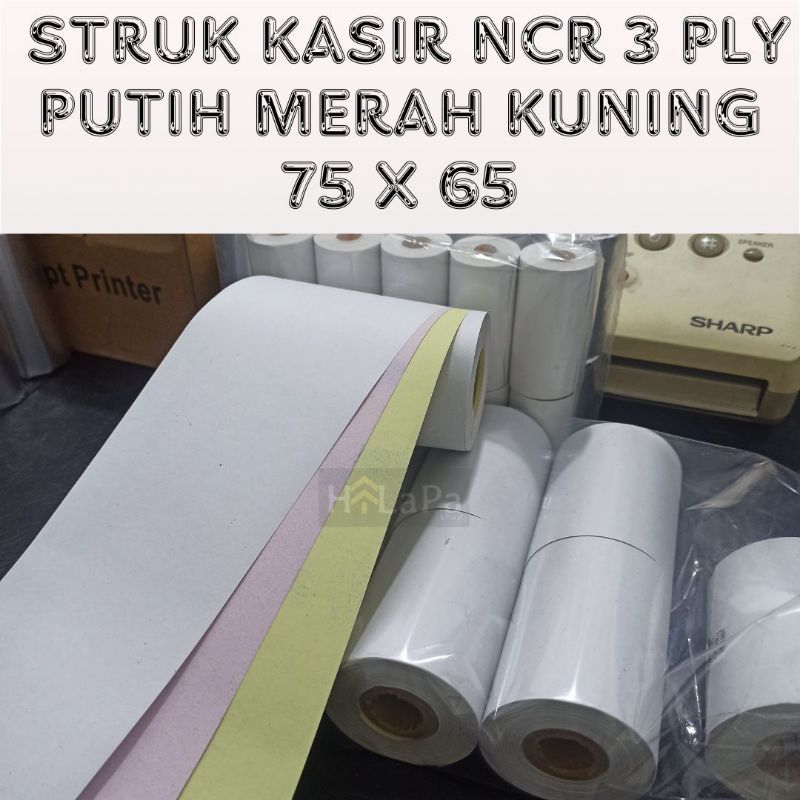 

Kertas struk kasir NCR 3ply Putih Merah Kuning (PMK) ukuran 75 x 65 mm / 7565