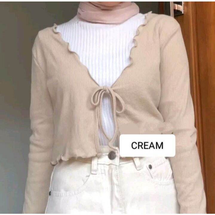 Cardigan tali crop top rajut Cream