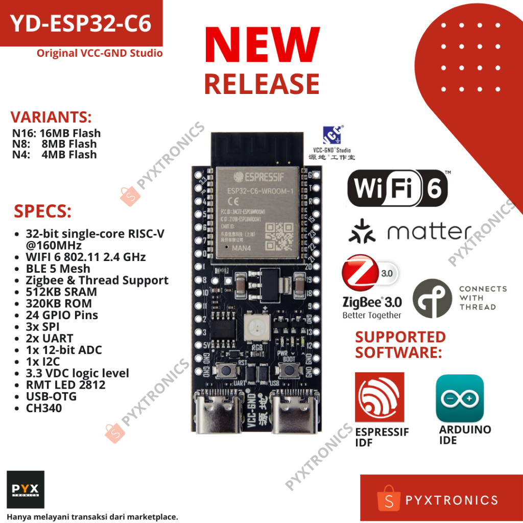 YD-ESP32-C6 DevKitC-1 USB Type C ESP32C6 Wifi6 Matter Zigbee Thread