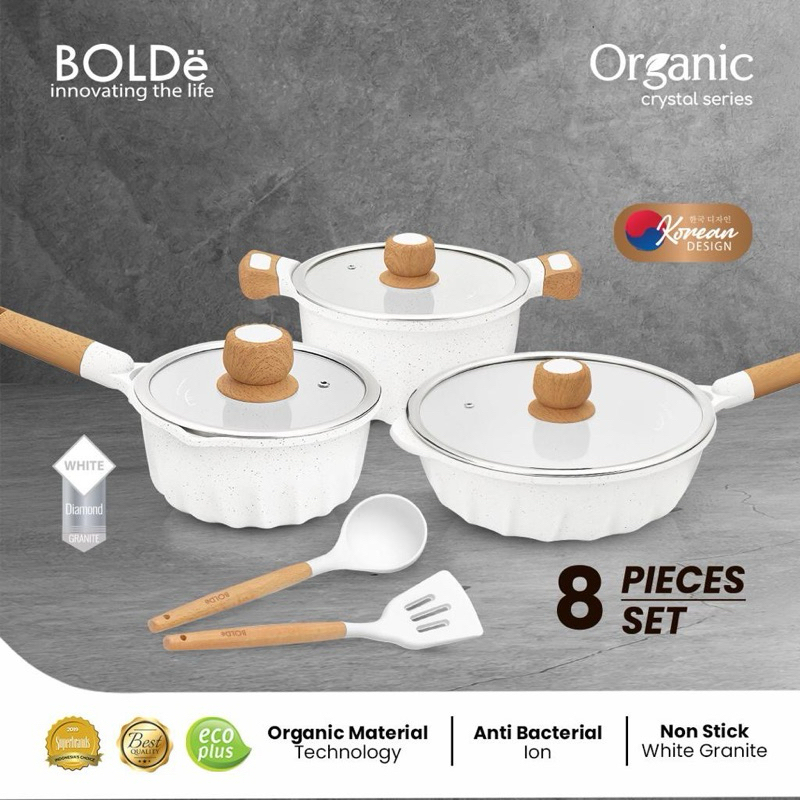 BOLDe Organic White Crystal Series Granite Cookware Set 8 PCS - Panci Wajan Frypan Set Anti Lengket + Spatula Silikon