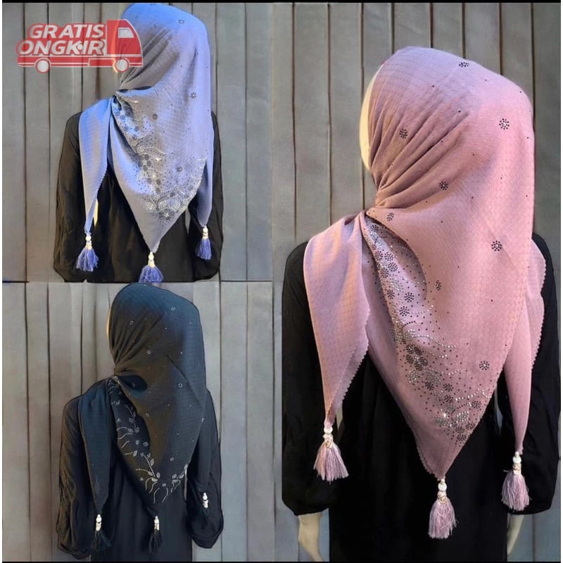 Hijab Segi Empat PayetTasel 3 Sisi Mewah Potton Star Premium Kerudung Muslim Square Lembut Nyaman Ca