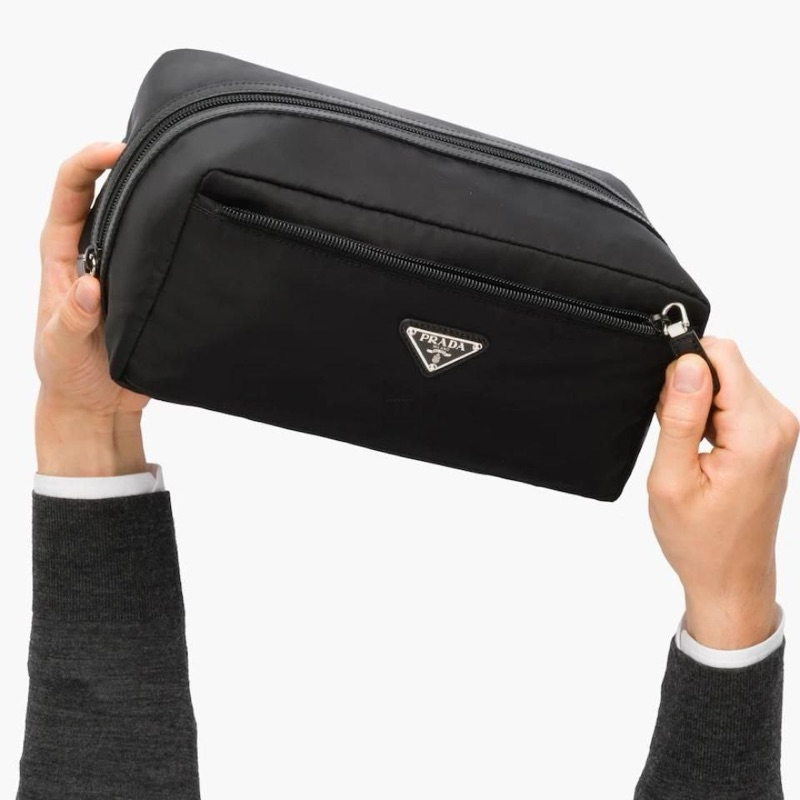 Original Prada Triangle Logo Pouch with Handle Re-Nylon Pouch / Pochette in Saffiano Leather