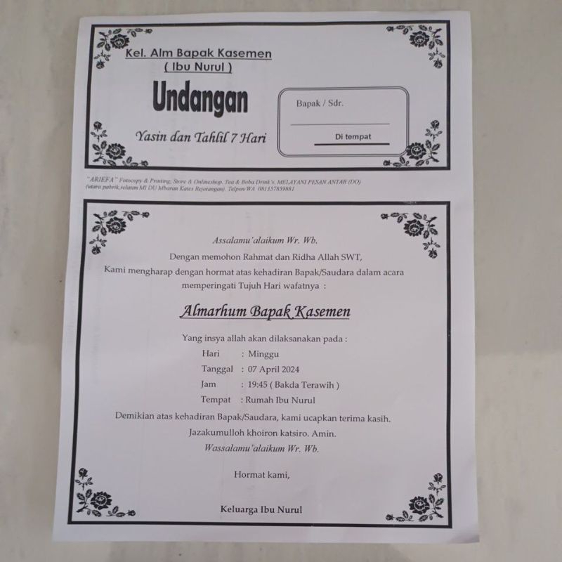 undangan murah bisa custom untuk 7hari 40hari 100hari 1000 hari. walimah aqiqoh ursy undagan nikahan
