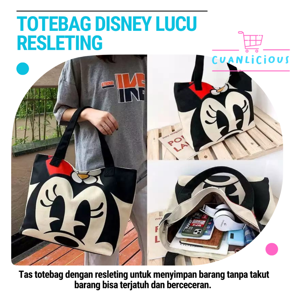 Totebag Disney Lucu Resleting / Tas Disney / Tas Motif Disney