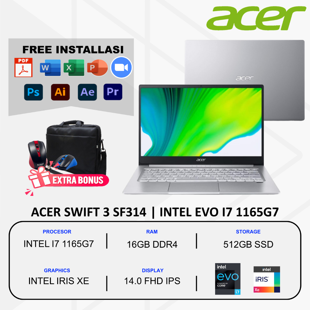 laptop Tipis Acer swift 3 Intel Evo i7 1165G7 ram 16Gb 512Gb layar 14" Full HD Ips Silver