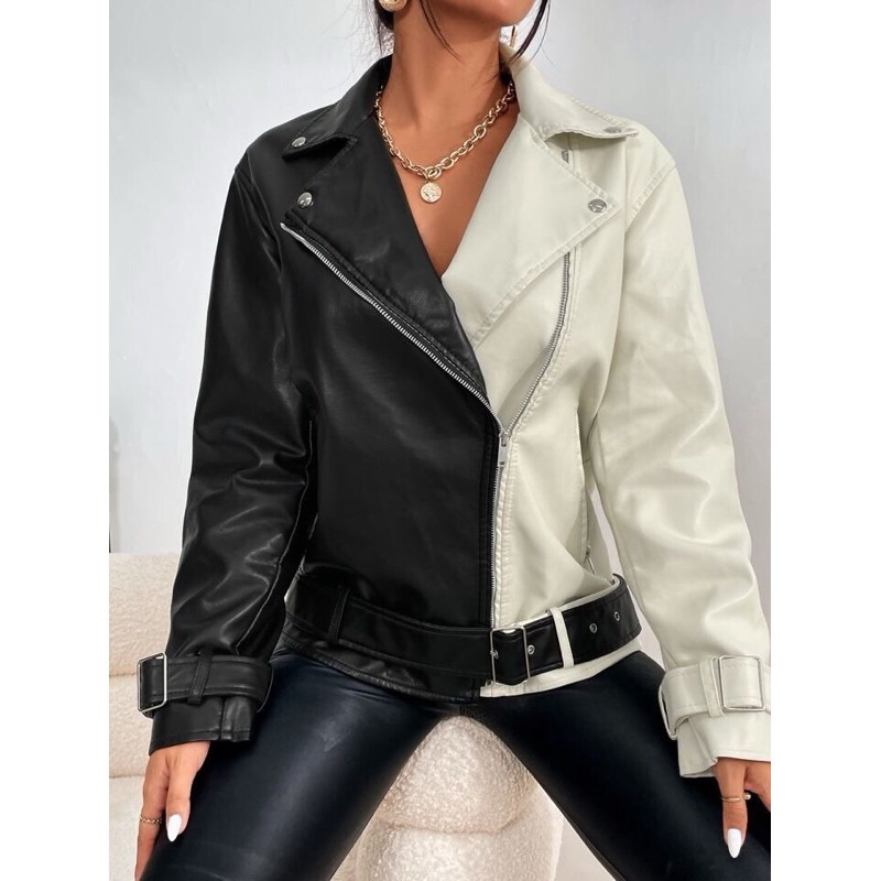 Jaket Kulit Wanita Riders Hitam Putih / Leather Jacket