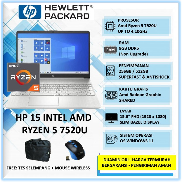 Laptop Coding Gaming HP 15 Amd Ryzen 5 7520U 8GB 1TB SSD 15" FHD Win11