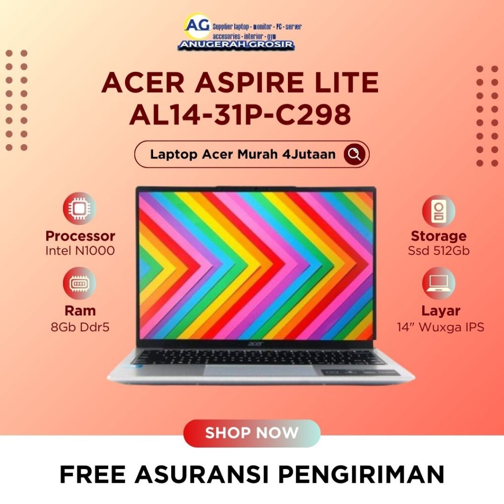 PROMO Laptop 4jutaan Acer Aspire Lite AL14-31P-C298 Intel N100 Ram 8gb ssd 512gb 14" Wuxga IPS - Lap