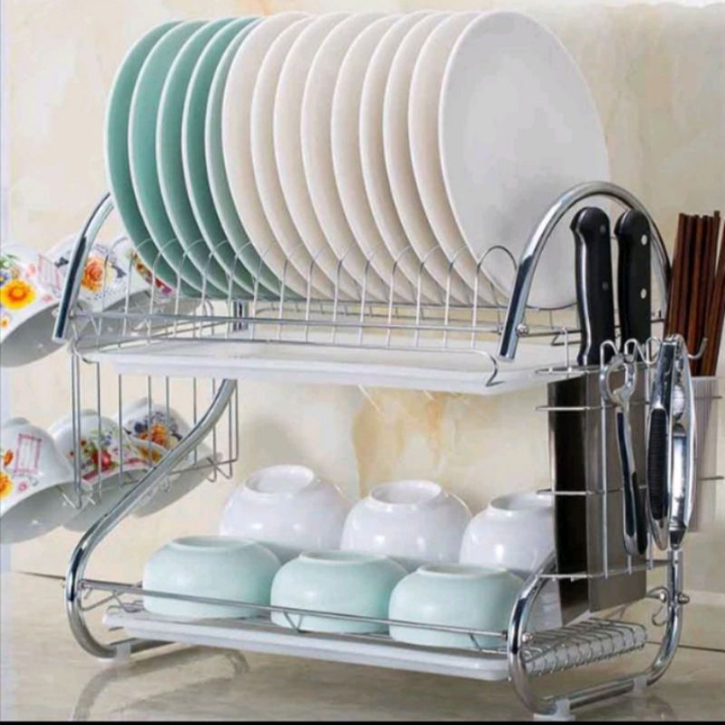 rak piring stainless 2 susun  Rak Piring Stainless Minimalis Rak 2 Susun Tingkat Rak piring serbagun