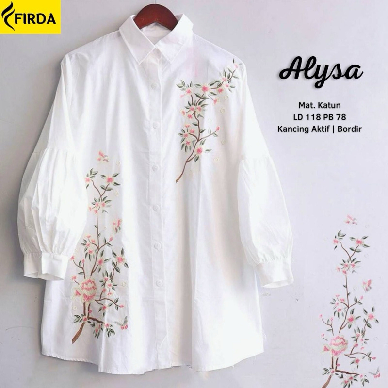ALYSA KEMEJA KATUN BORDIR JUMBO ATASAN WANITA PUTIH KEMEJA BLOUSE TUNIK MOTIF BORDIR JUMBO