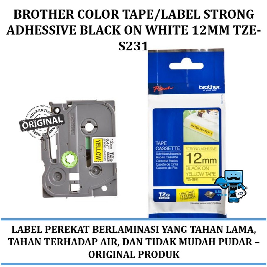 

Brother color tape/label strong adhessive black on white 12mm tze-S231