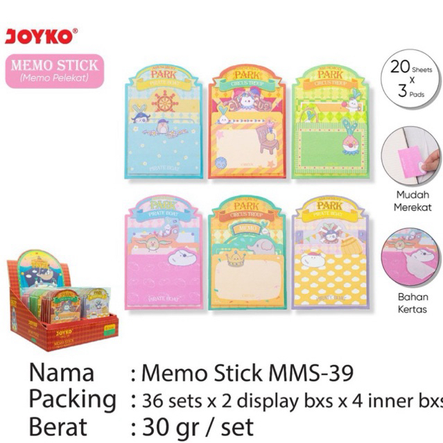 

Mms 39 Fancy & Color Memo Stick / Memo Pelekat Stiker warna warni AMUSEMENT PARK / Index Note MMS-39 Joyko 3 x 20 lembar