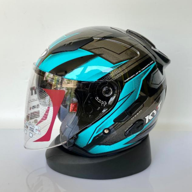 KYT Galaxy Flat R Helm Half Face Double Visor Motif Asymetric Black Blue Hitam Biru