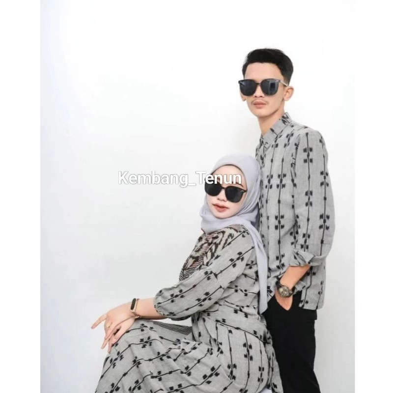 Set Couple Tenun Clara Dres Abu Rintik baju pasangan pria wanita kondangan prewedding guru kartinian