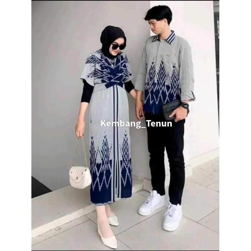 Set Couple Clara Dres Abu Navy baju tenun pasangan pria wanita kondangan prewedding guru kartinian b